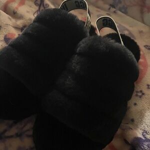 UGG Black Fluffy Slippers